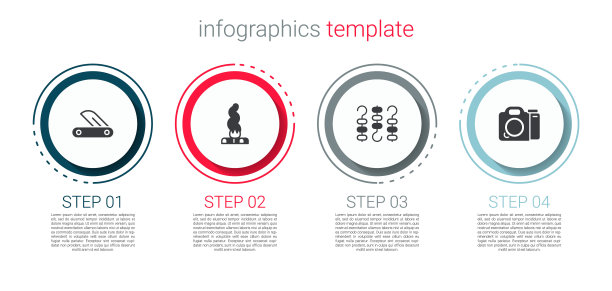 准备好瑞士军刀、篝火、烤羊肉串和照相机。业务信息图表模板。向量图片下载