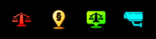 设置尺度的正义，位置法律，和安全摄像头图标。向量图片下载