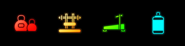 设置壶铃，杠铃，跑步机和沙袋图标。向量图片下载