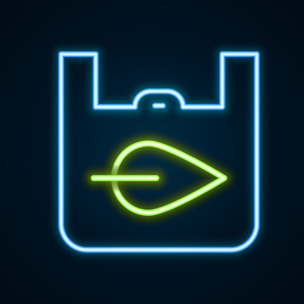 发光的霓虹灯线纸购物袋与回收图标孤立的黑色背景。有回收标志的袋子。色彩缤纷的轮廓概念。向量图片下载