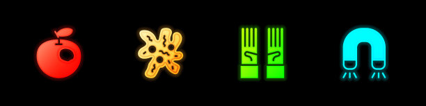 设置转基因苹果，细胞，医疗橡胶手套和磁铁图标。向量图片下载