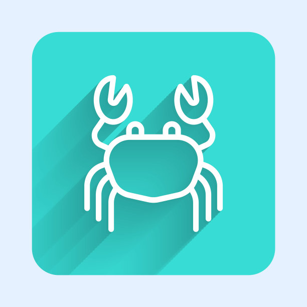 白线蟹图标孤立，有长长的影子。绿色方形按钮。向量图片下载