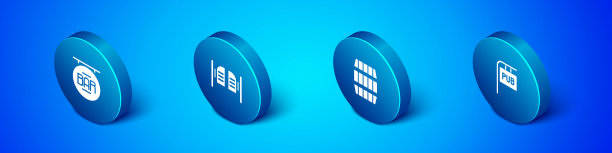 设置等距街招牌与酒吧，木桶，酒吧和沙龙门图标。向量图片下载