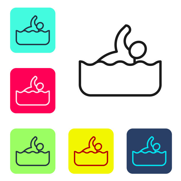 黑线游泳运动员图标孤立在白色背景。设置图标为彩色方形按钮。向量图片下载