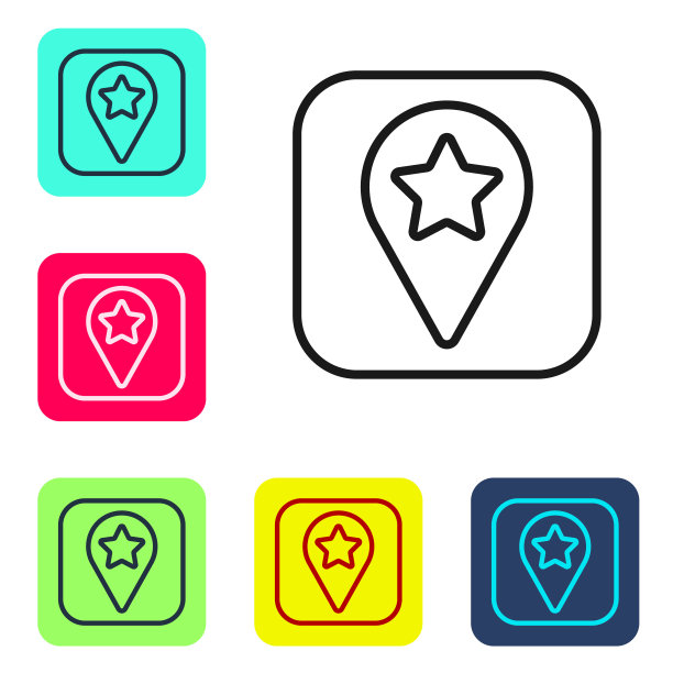 黑线位置露营或旅游和旅行图标孤立在白色背景上。设置图标为彩色方形按钮。向量图片下载