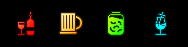 设置酒瓶与玻璃，木制啤酒杯，腌黄瓜罐和鸡尾酒图标。向量图片下载
