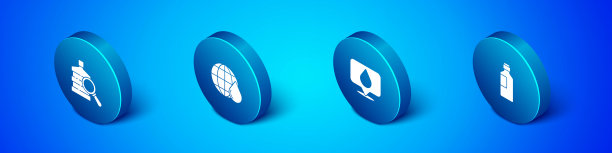 设置等距大瓶清洁水，水滴位置，瓶子和地球行星的图标。向量图片下载