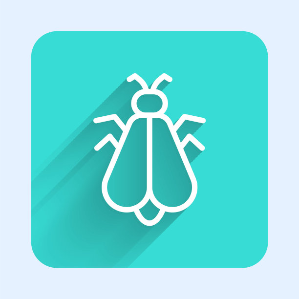 白线蚊子图标孤立与长阴影背景。绿色方形按钮。向量图片下载