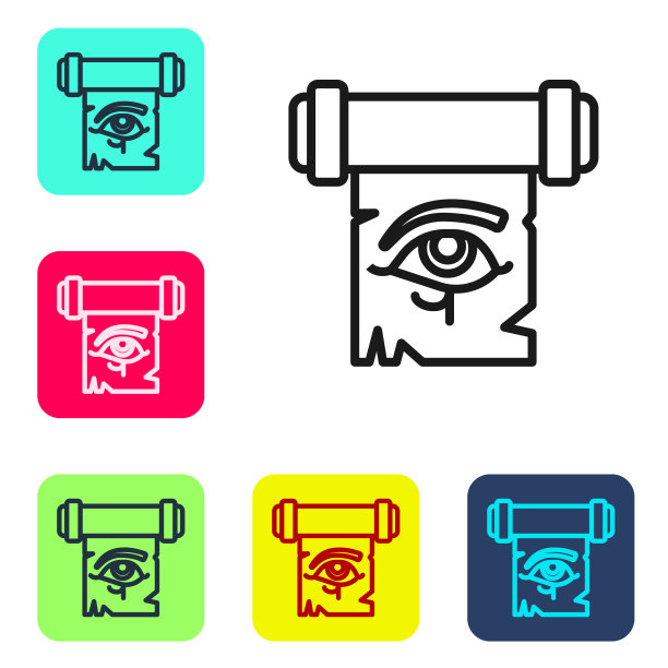 黑线荷鲁斯的眼睛在纸莎草卷轴图标孤立的白色背景。羊皮纸。古埃及的象征。设置图标为彩色方形按钮。向量图片下载