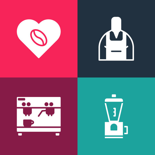 设置流行艺术电动咖啡研磨机，咖啡机，咖啡师和恋人图标。向量图片下载