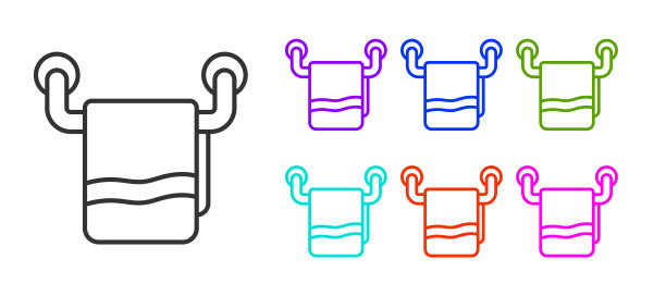 黑线毛巾在衣架图标孤立在白色背景。浴室毛巾图标。设置图标彩色。向量图片下载