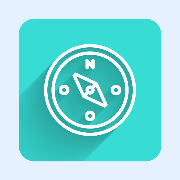 白线指南针图标孤立的长阴影。winrose导航符号。风玫瑰星座。绿色方形按钮。向量图片下载