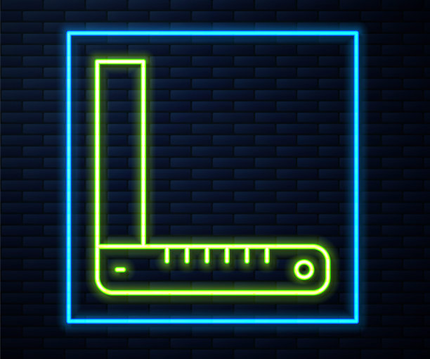 发光的霓虹线角尺图标孤立的砖墙背景。方尺，角尺，木工，量具，比例尺。向量图片下载