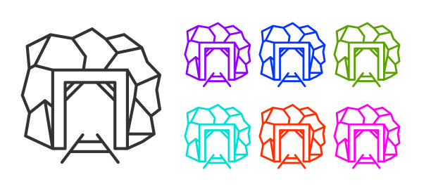 矿井入口图标孤立在白色背景上。设置图标彩色。向量图片下载
