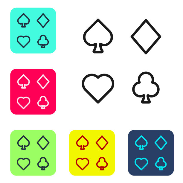 黑线甲板的纸牌图标孤立在白色背景。赌场赌博。设置图标为彩色方形按钮。向量图片下载