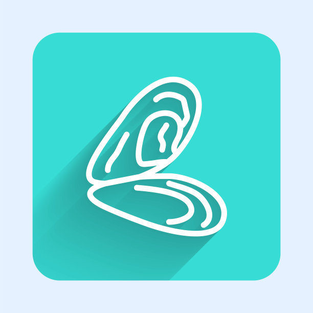 白线贻贝图标孤立与长阴影。新鲜美味的海鲜。绿色方形按钮。向量图片下载