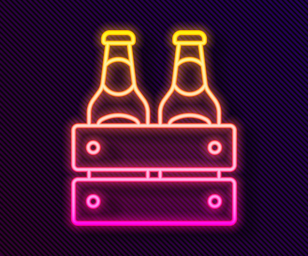 发光的霓虹灯线包装的啤酒瓶图标孤立的黑色背景。木箱和啤酒瓶。箱箱啤酒箱标志。向量图片下载