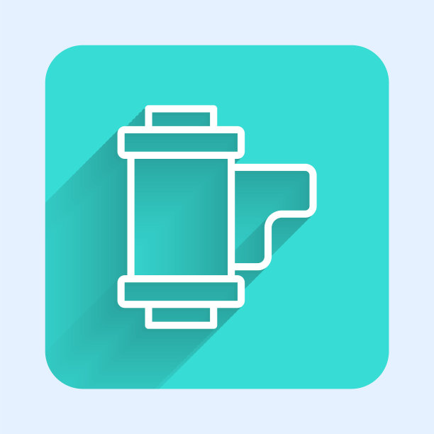 白线相机古胶卷卷墨盒图标孤立与长阴影。35毫米胶片筒。胶片摄影设备。绿色方形按钮。向量图片下载