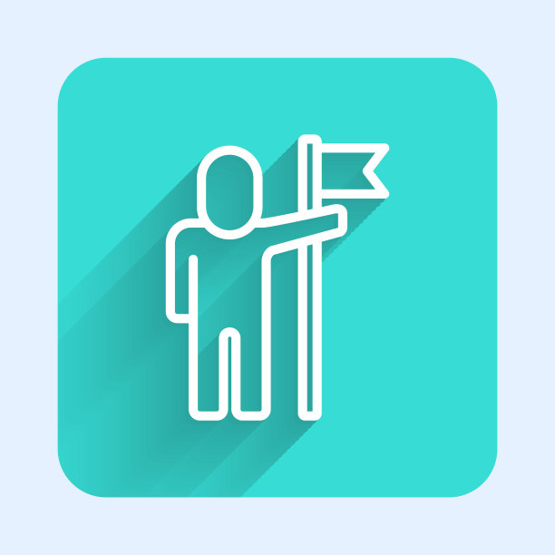 白线男子手持旗帜图标孤立与长阴影背景。胜利、胜利和征服逆境的理念。绿色方形按钮。向量图片下载