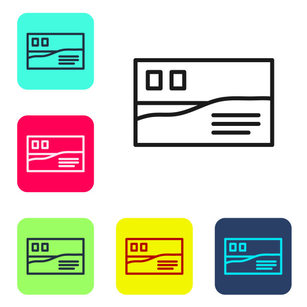 黑线明信片旅游图标孤立在白色背景。设置图标为彩色方形按钮。向量图片下载