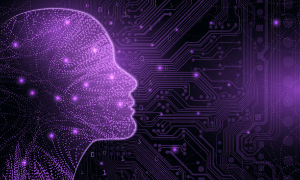 大数据和人工智能概念。机器学习和网络思维支配概念的形式，女性脸轮廓轮廓与电路板和二进制数据流在蓝色背景。图片下载