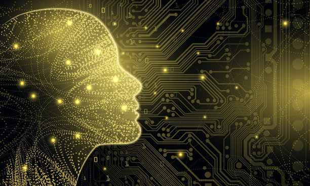 大数据和人工智能概念。机器学习和网络思维支配概念的形式，女性脸轮廓轮廓与电路板和二进制数据流在蓝色背景。图片下载