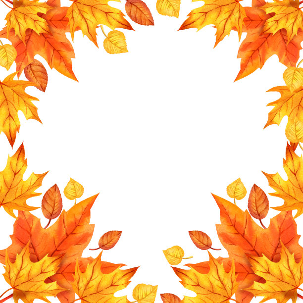 水彩方形框架与秋叶，橙色枫叶，手绘插图黄色和橙色秋叶，素描孤立在白色的背景图片下载