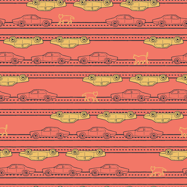 矢量黄橙旧车猫重复模式图片下载