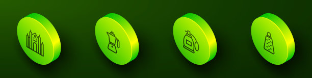 集等距线米兰大教堂，咖啡摩卡壶，香水和磨碎器图标。向量图片下载