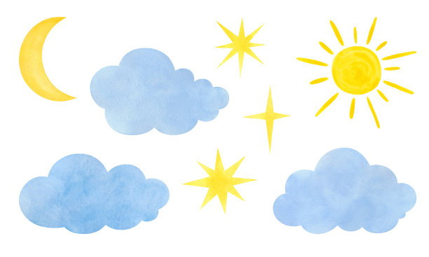 水彩集太阳，星星和云，孤立在白色的背景。图片下载