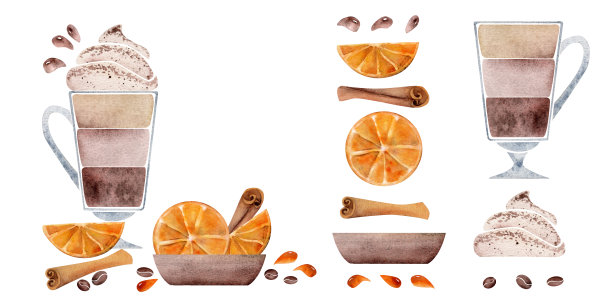 水彩手绘构图与分层拿铁咖啡杯，鲜奶油，橙，肉桂。孤立在白色背景上。用于邀请函，咖啡厅，餐厅食物菜单，打印，网站，卡片图片下载