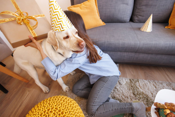 一个女人抱着她的狗，给它一份生日礼物图片下载