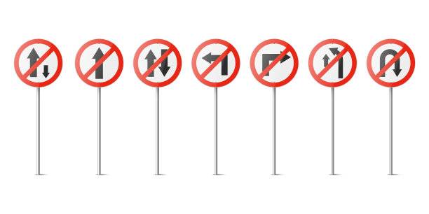 矢量红色和白色圆形禁止交通标志与箭头图标集隔离。单行道，禁止直行，车辆，转弯，超车，掉头交通道路车牌，标志设计模板图片下载