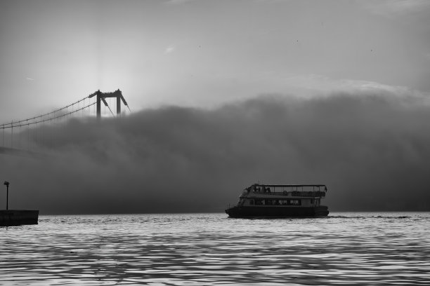 七一五烈士桥和客船的雾蒙蒙景象图片下载