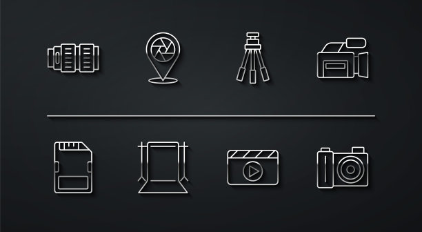 集线相机照片镜头，SD卡，电影相机，电影拍板，空工作室，快门，照片和三脚架图标。向量图片下载