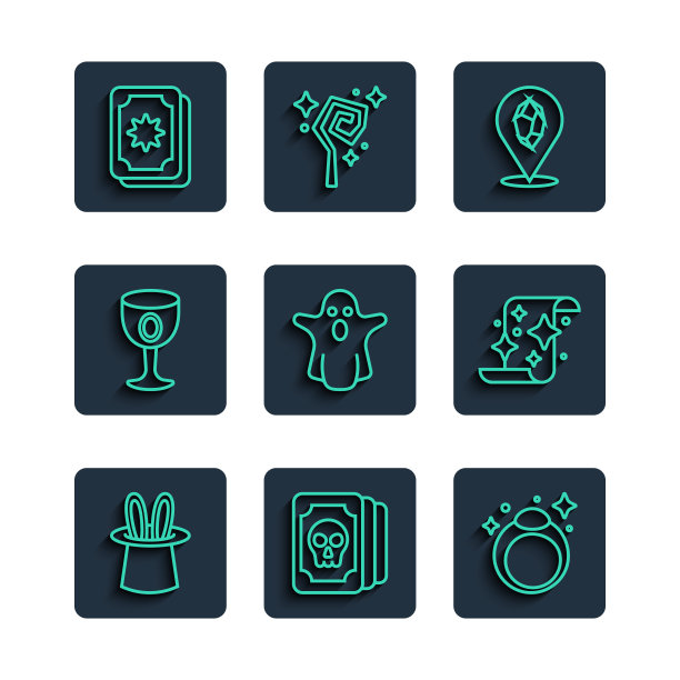 集线魔术师帽子和兔子耳朵，塔罗牌，石戒指，鬼，中世纪高脚杯，和卷轴图标。向量图片下载