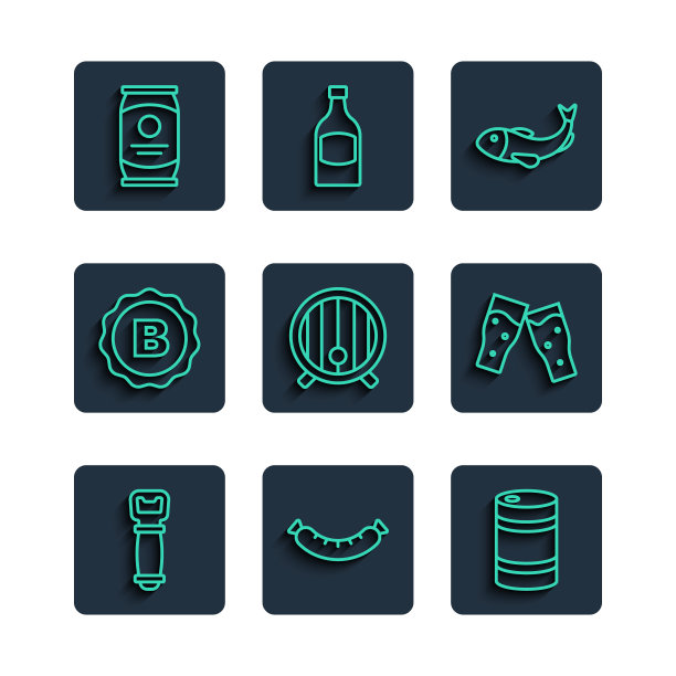 集开瓶器，香肠，金属啤酒桶，干鱼，木桶，瓶盖，啤酒罐和图标玻璃。向量图片下载