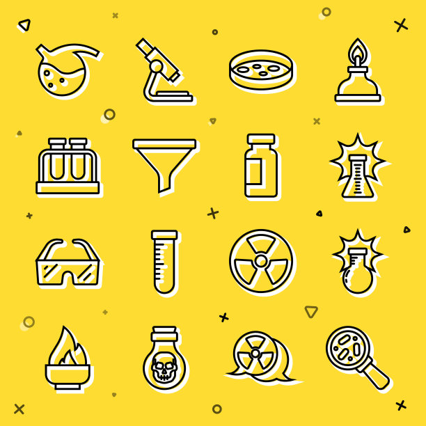 设置微生物放大镜，化学爆炸，细菌培养皿，漏斗过滤器，试管和烧瓶，图标。向量图片下载