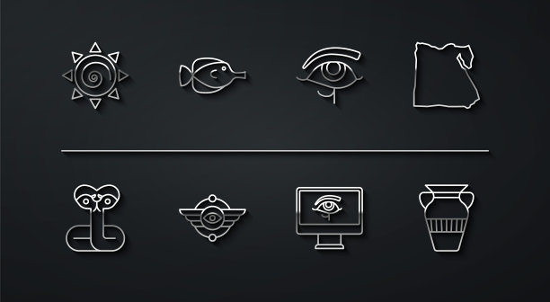 设定线太阳，蛇，埃及地图，眼睛荷鲁斯在显示器上，埃及符号有翼的太阳，蝴蝶鱼，花瓶和图标。向量图片下载