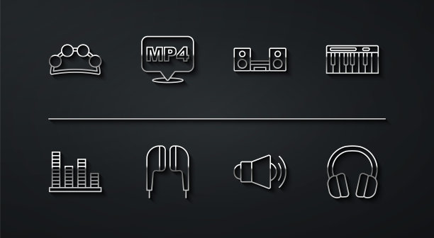 铃鼓、音乐均衡器、合成器、扩音器、无线耳机、MP4文件、耳机和家庭立体声音响组合矢量素材图片下载