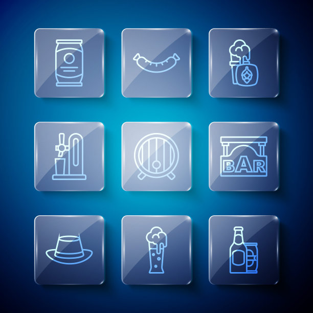 设置线啤酒节帽子，啤酒，啤酒瓶和罐子，木桶，敲击与玻璃，和街道招牌酒吧图标。向量图片下载