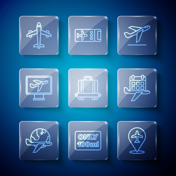 设置线全球飞行飞机，液体随身行李，飞机，起飞，传送带行李箱，日历和飞机图标。向量图片下载