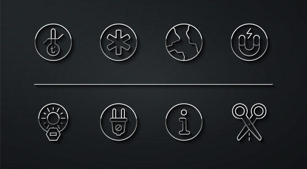 设置线气象温度计，无阳光直射，磁铁，信息，电源插头，紧急医疗标志，剪刀剪线和全球图标。向量图片下载