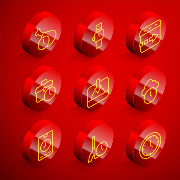 设置线食物时间，腕表，时间飞逝的时钟，工作，日落，时钟，闹钟应用程序移动和清洁图标。向量图片下载