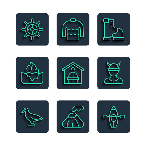 集线信天翁，火山，皮艇和桨，冬季温暖的靴子，农舍，冰山，船舶方向盘和维京头图标。向量图片下载