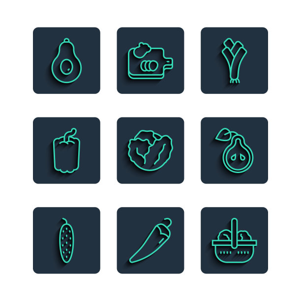设线黄瓜，辣椒，篮子和食物，韭菜，卷心菜，钟，鳄梨和梨图标。向量图片下载