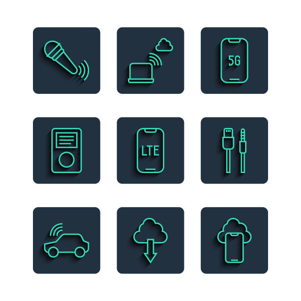 智能汽车系统，云下载，技术数据，移动5G, LTE网络，音乐播放器，无线麦克风和USB数据线图标。向量图片下载