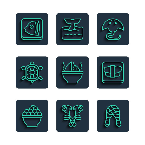 设置线鱼子酱，龙虾，鱼肉牛排，黄貂鱼，鱼翅汤，海龟，头部和寿司上的砧板图标。向量图片下载