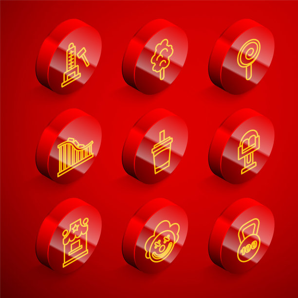 设置线锤前锋景点，棉花糖，棒棒糖，过山车，纸玻璃水，景点旋转木马，门票票房和小丑头图标。向量图片下载