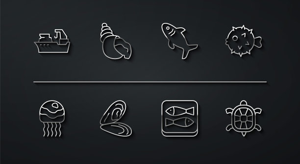 集线渔船，水母，刺猬，罐头，贻贝，扇贝海贝壳，海龟和鲨鱼图标。向量图片下载